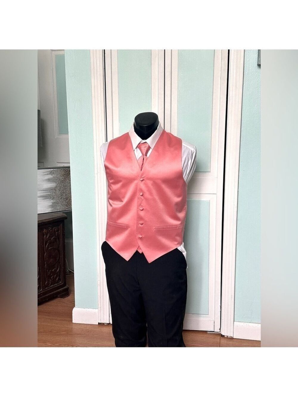 Coral Salmon Pink Orange Satin Closed Back Vest Wedding Prom Men’s Small